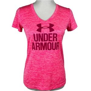 UA Tech Graphic V-Neck T-Shirt Women Small Pink Run Workout Gym Top Under Armour